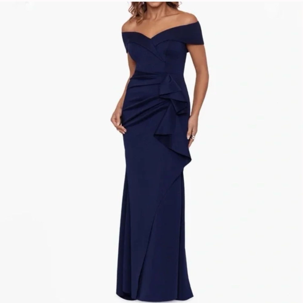 Xscape Navy Off-Shoulder Maxi Dress